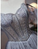 Elegant Long Tulle Dusty Blue Ballgown Prom Dress with Sequins