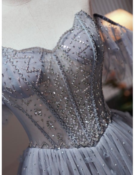 Elegant Long Tulle Dusty Blue Ballgown Prom Dress with Sequins