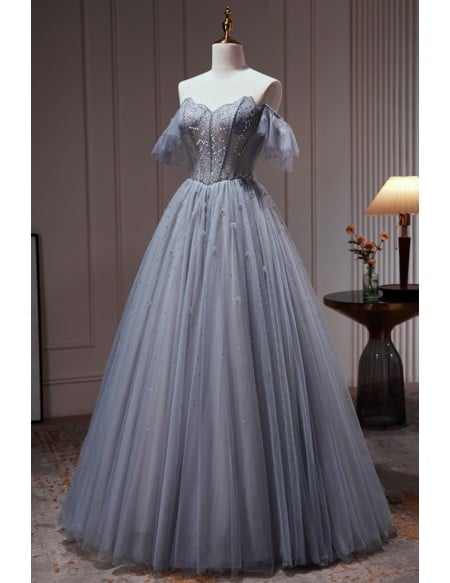 Elegant Long Tulle Dusty Blue Ballgown Prom Dress with Sequins