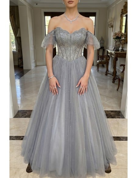 Elegant Long Tulle Dusty Blue Ballgown Prom Dress with Sequins