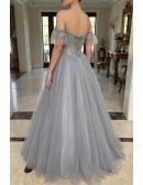 Elegant Long Tulle Dusty Blue Ballgown Prom Dress with Sequins