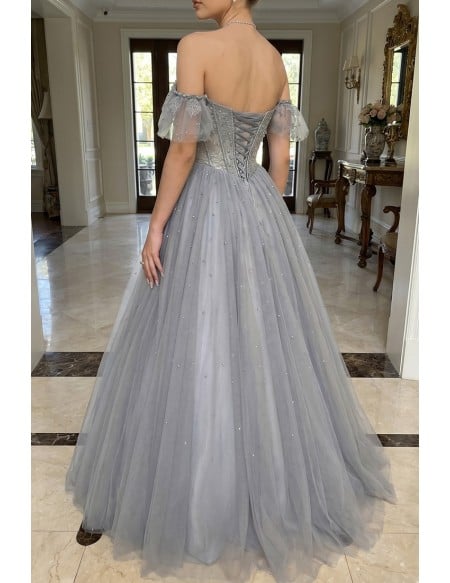 Elegant Long Tulle Dusty Blue Ballgown Prom Dress with Sequins