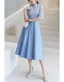 Blue Aline Satin With Loose Sleeve Party Dress With Collar