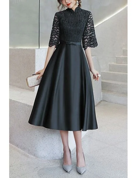 Blue Aline Satin With Loose Sleeve Party Dress With Collar