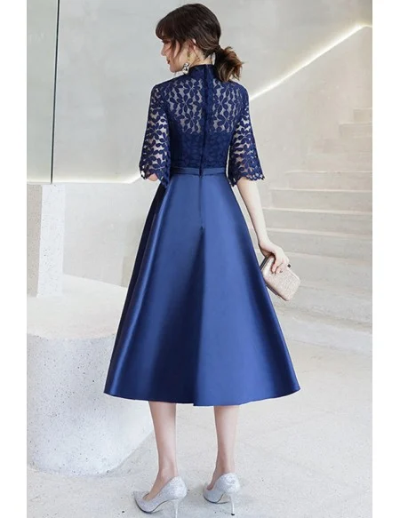Blue Aline Satin With Loose Sleeve Party Dress With Collar