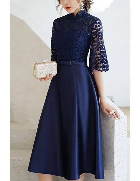 Blue Aline Satin With Loose Sleeve Party Dress With Collar