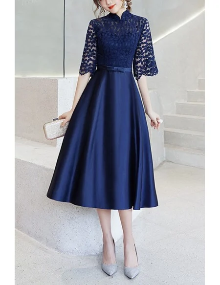 Blue Aline Satin With Loose Sleeve Party Dress With Collar