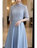 Blue Aline Satin With Loose Sleeve Party Dress With Collar