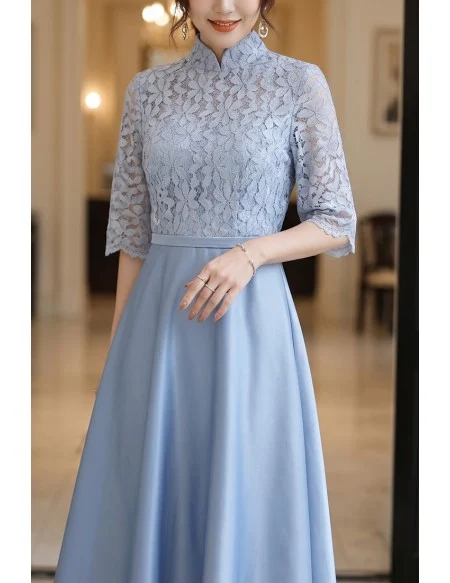 Blue Aline Satin With Loose Sleeve Party Dress With Collar