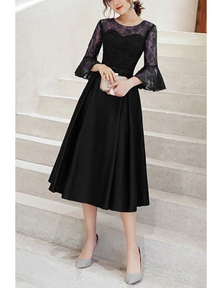Grey Tea Length Hoco Party Dress With Flare Lace Sleeves