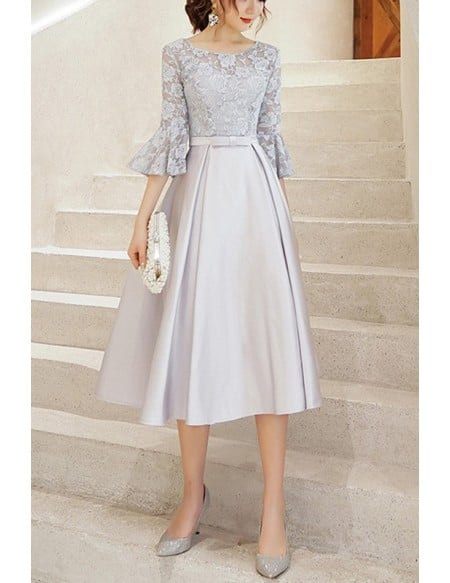 Grey Tea Length Hoco Party Dress With Flare Lace Sleeves
