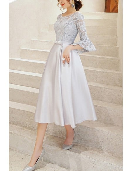 Grey Tea Length Hoco Party Dress With Flare Lace Sleeves