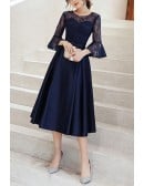 Grey Tea Length Hoco Party Dress With Flare Lace Sleeves