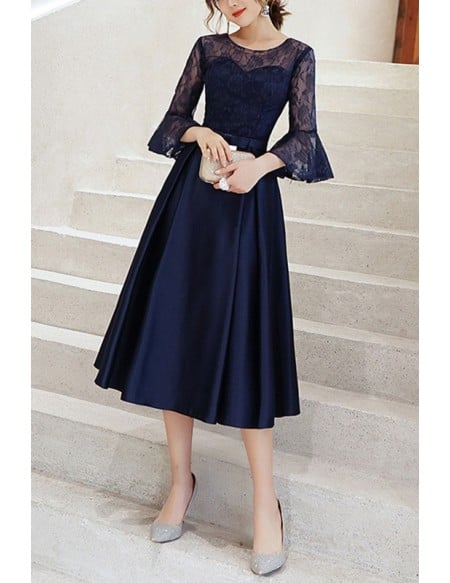 Grey Tea Length Hoco Party Dress With Flare Lace Sleeves