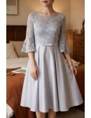 Grey Tea Length Hoco Party Dress With Flare Lace Sleeves