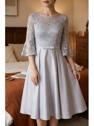 Grey Tea Length Hoco Party Dress With Flare Lace Sleeves