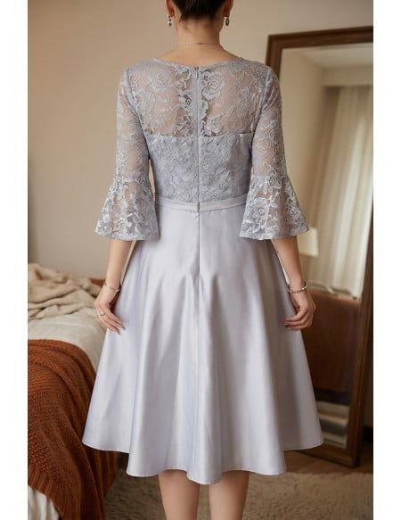 Grey Tea Length Hoco Party Dress With Flare Lace Sleeves