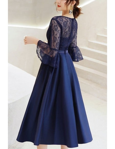 Grey Tea Length Hoco Party Dress With Flare Lace Sleeves