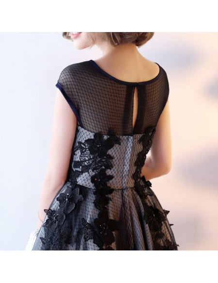 Retro Tea Length Black Homecoming Dress With Polka Dot Mesh