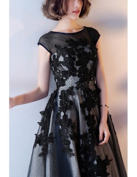 Retro Tea Length Black Homecoming Dress With Polka Dot Mesh