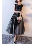 Retro Tea Length Black Homecoming Dress With Polka Dot Mesh