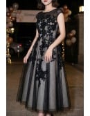 Retro Tea Length Black Homecoming Dress With Polka Dot Mesh