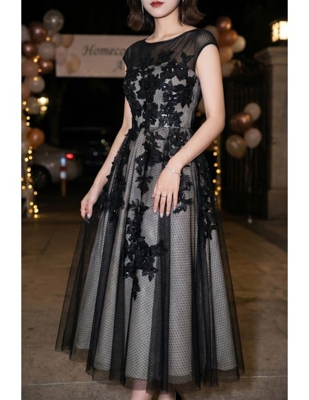Retro Tea Length Black Homecoming Dress With Polka Dot Mesh