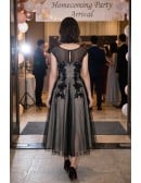 Retro Tea Length Black Homecoming Dress With Polka Dot Mesh