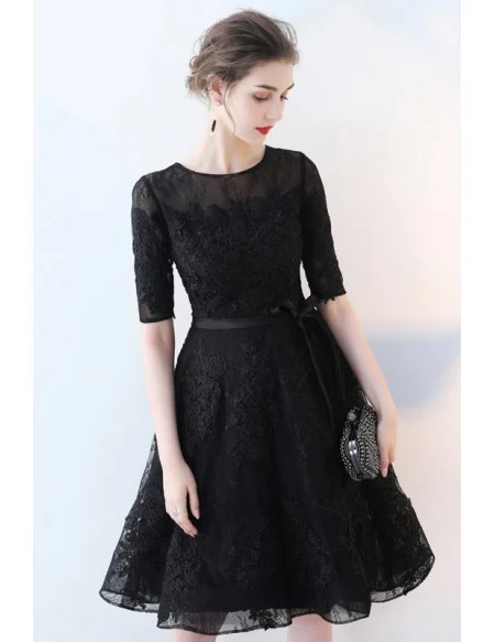 Black Tulle Short Homecoming Dress With Lace Half Sleeves