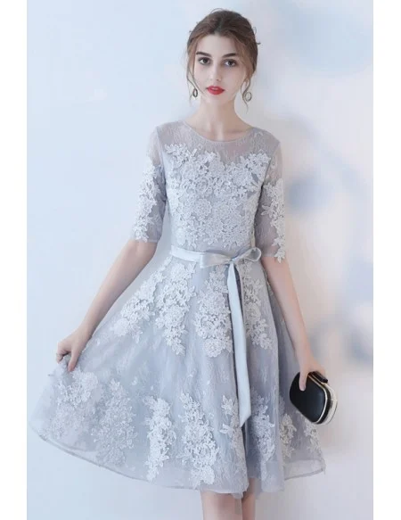 Black Tulle Short Homecoming Dress With Lace Half Sleeves