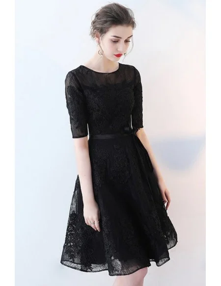 Black Tulle Short Homecoming Dress With Lace Half Sleeves