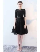 Black Tulle Short Homecoming Dress With Lace Half Sleeves