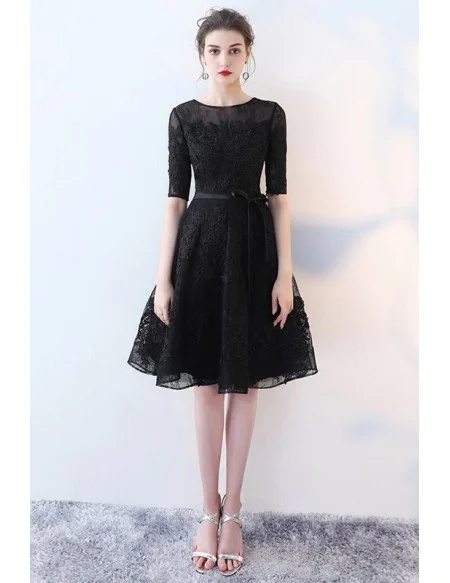 Black Tulle Short Homecoming Dress With Lace Half Sleeves