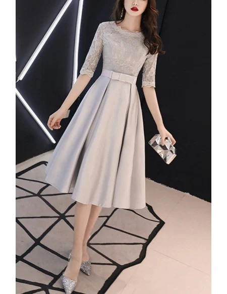 Modest Grey Midi Hoco Party Dress With Half Sleeves
