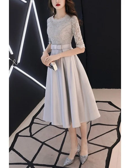 Modest Grey Midi Hoco Party Dress With Half Sleeves