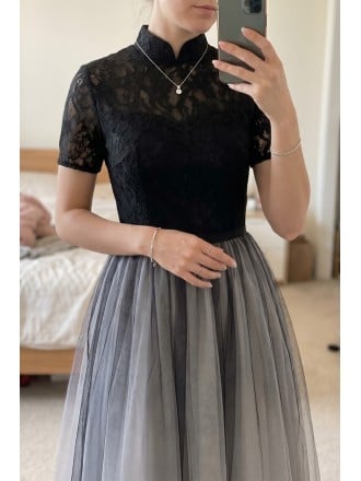 Special Knee Length Tulle Black Party Dress With Collar