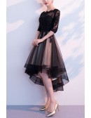 High Low Black Tulle Homecoming Party Dress With Sheer Sleeves