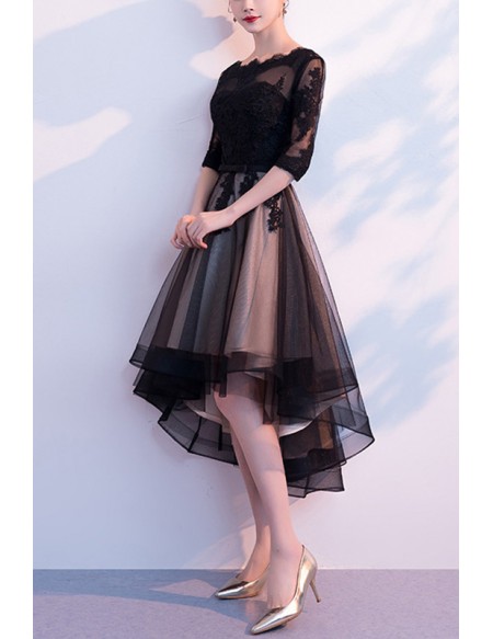 High Low Black Tulle Homecoming Party Dress With Sheer Sleeves