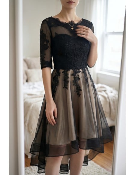 High Low Black Tulle Homecoming Party Dress With Sheer Sleeves