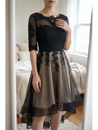 short prom dress with sheer overlay Nox Anabel JQ1017 Short Lace Dress Sheer Beaded Lace Dress Bow Train Reception Cocktail Gown 6 / Pink