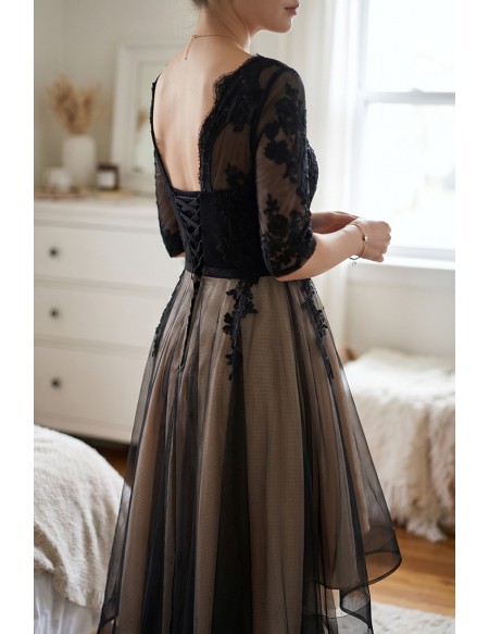 High Low Black Tulle Homecoming Party Dress With Sheer Sleeves