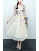 Floral Champagne Tulle Party Dress With Sheer Sleeves