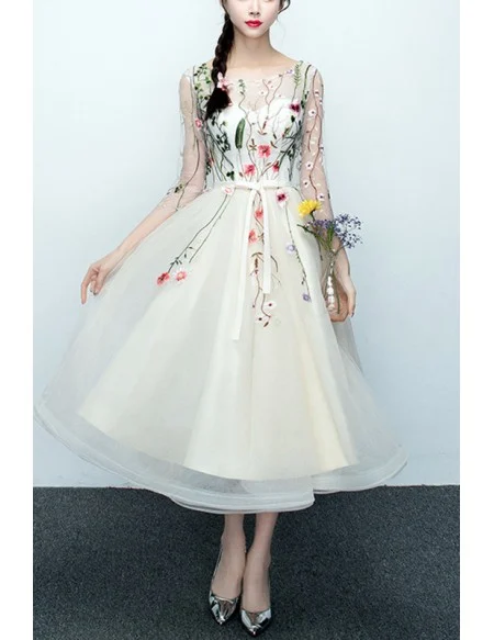 Floral Champagne Tulle Party Dress With Sheer Sleeves