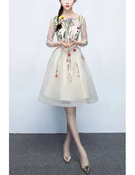 Floral Champagne Tulle Party Dress With Sheer Sleeves