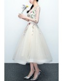 Floral Champagne Tulle Party Dress With Sheer Sleeves