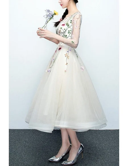 Floral Champagne Tulle Party Dress With Sheer Sleeves