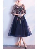 Floral Champagne Tulle Party Dress With Sheer Sleeves