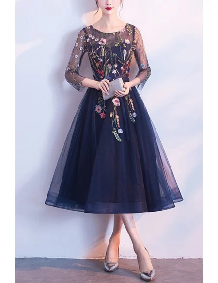 Floral Champagne Tulle Party Dress With Sheer Sleeves