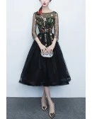 Floral Champagne Tulle Party Dress With Sheer Sleeves