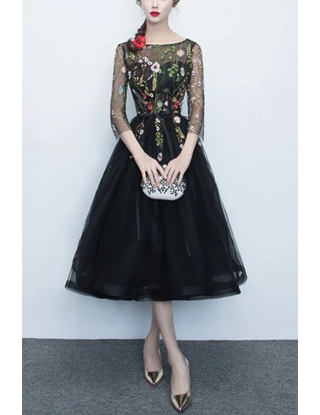 Floral Champagne Tulle Party Dress With Sheer Sleeves